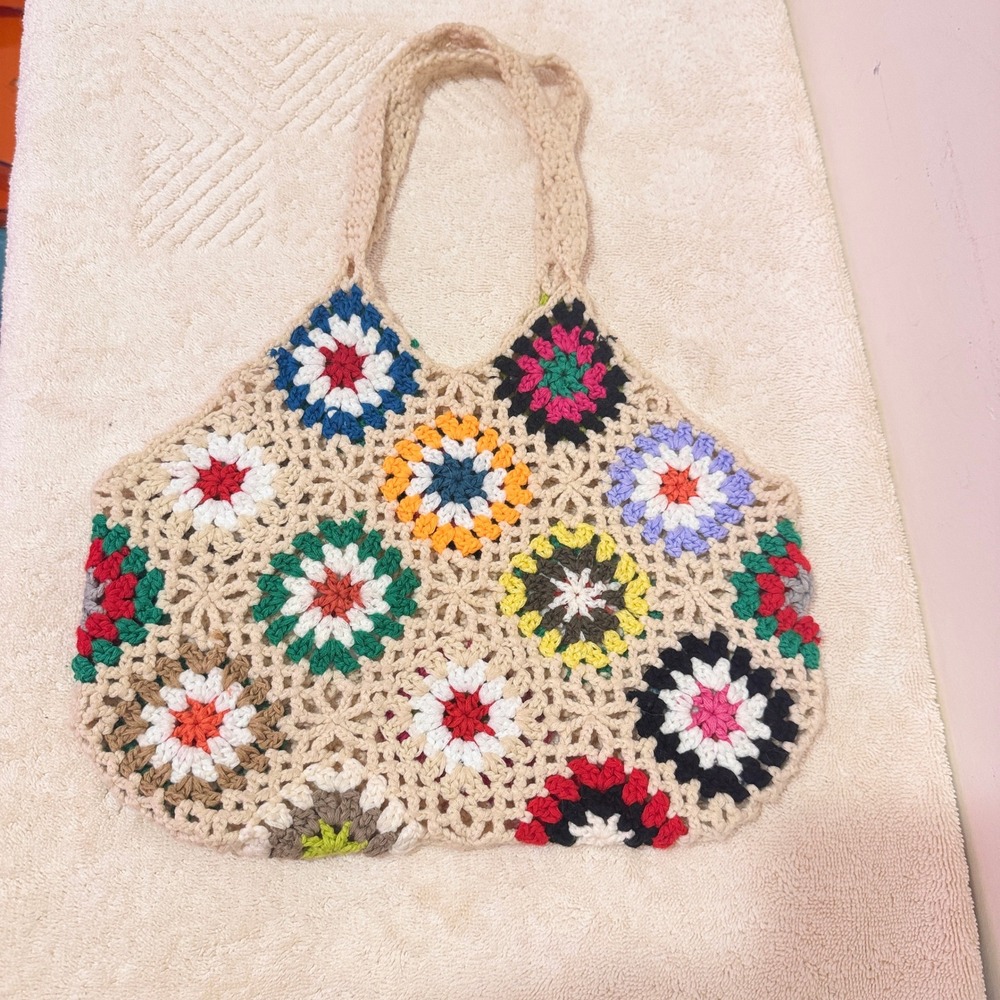 Handmade Multicolor Crochet Granny Square Shoulder Tote Bag Boho